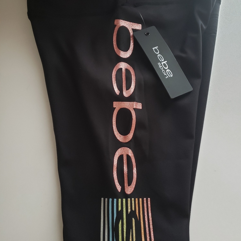Bebe Sport Logo Stripe Glitter Leggings Small